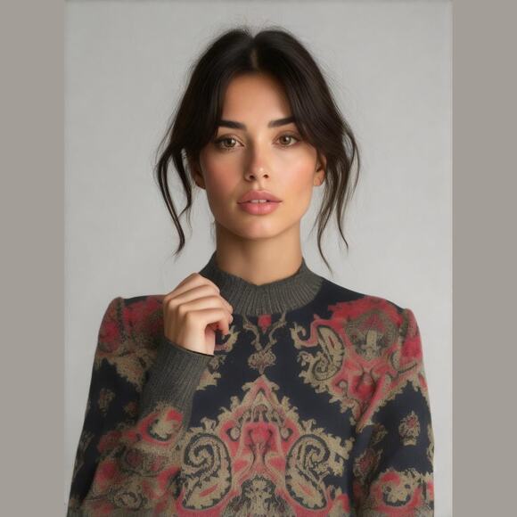 Vintage Domanni Black Red Orange Print Wool Metallic Italian Pullover Sweater M - Picture 1 of 12
